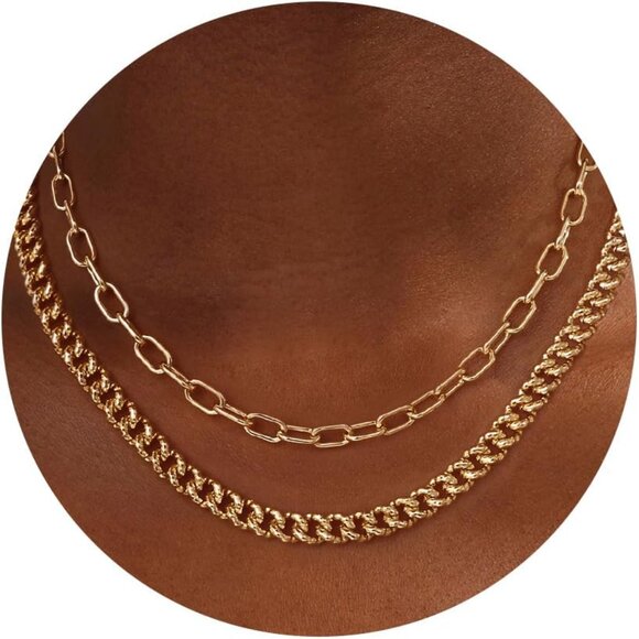 Jewelry - 14K Gold Chain  Plated Paperclip & Cuban Link Layered Choker Necklace - Trendy